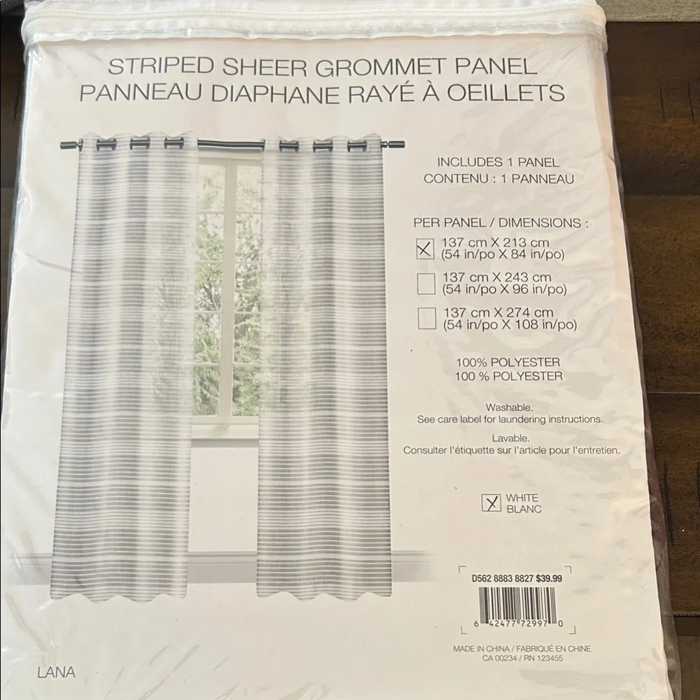 Distinctly Home Lana White Striped Sheer NWT Grey Grommet Panel Curtain 54Wx84L